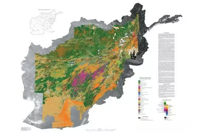 阿富汗矿床图，由美国地质勘探局（USGS）收集的高光谱图像数据编制而成。（图片来源：USGS)