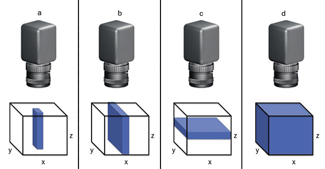 图 2. 四种主要的高光谱采集模式是点扫描或扫帚 (a)； 线扫描，或推扫式 (b)； 平面或区域扫描（c）； 和单次拍摄，或快照（d）。 由爱特蒙特光学公司提供。