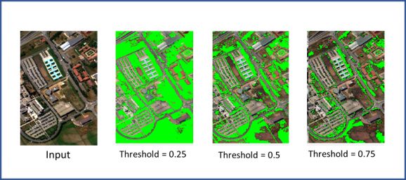 具有最高 NDVI 值的(最右侧)图像以绿色表示植被更健康、更茂密的区域。