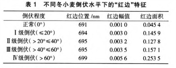 表1不同冬小麦倒伏水平下的“红边”特征