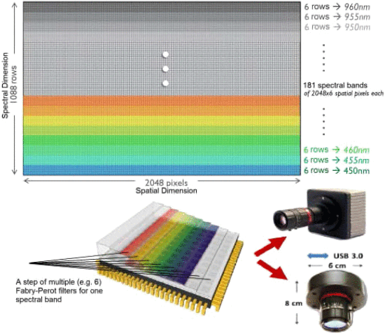 图 6. - OCSF（每个台阶有六行，具有相同的光谱带通滤波器）和两个基于 OCSF 的高光谱相机。
